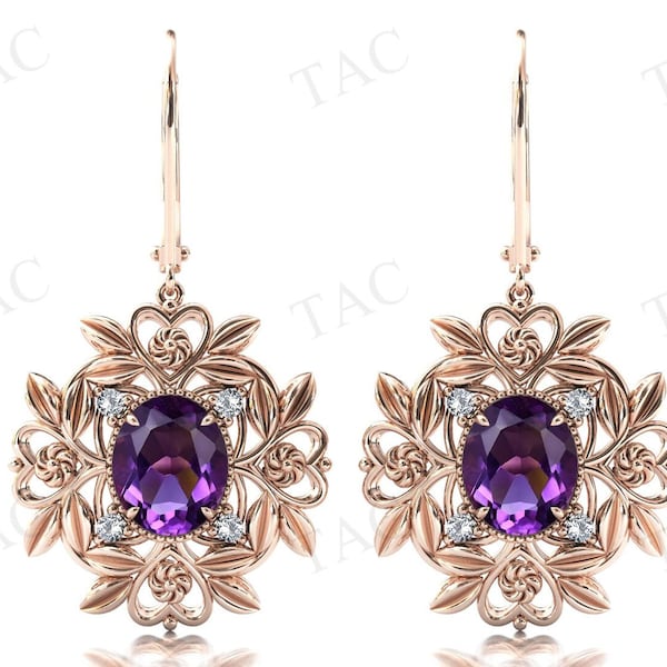 Art Deco Floral Design Earrings Oval Cut Amethyst Bridal Earrings Unique Leaf Style Wedding Gift Earrings Purple Gemstone Earrings For Women