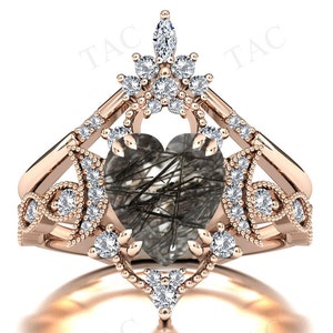 Moon Of My Life Black Rutilated Quartz Engagement Ring Set Heart Shape Rutile Quartz Wedding Ring Set Vintage Bridal Anniversary Ring Set