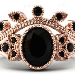 Oval Cut Black Onyx Engagement Ring Set Art Deco Leaf Design Black Onyx Wedding Ring Set 925 Silver Black Onyx Bridal Anniversary Ring Set