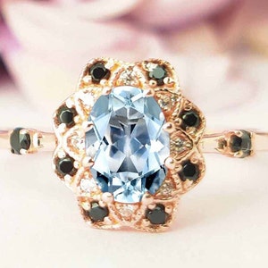 Oval Vintage Aquamarine Engagement Ring 14k Rose Gold Aquamarine Wedding Ring Unique Bridal Promise Ring Antique Art Deco Anniversary Ring