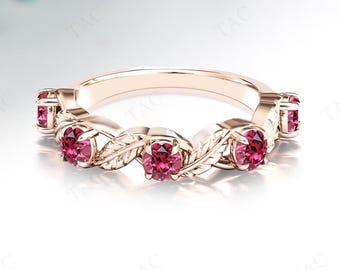 Vintage Pink Tourmaline Wedding Band For Women 925 Sterling Silver Stacking Band Pink Gemstone Bridal Band Unique Half Eternity Leaf Band
