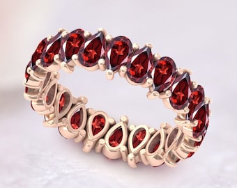Full Eternity Wedding Band Vintage Red Garnet Engagement Band Unique Bridal Eternity Band For Women 14k Rose Gold Art Deco Red Garnet Band