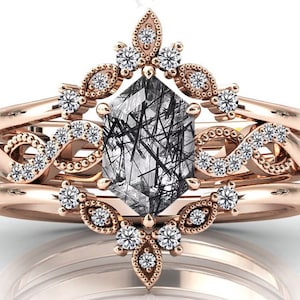 Hexagon Cut Black Rutile Engagement Ring Set Art Deco 3 Pcs Wedding Ring Set 14k Gold Bridal Anniversary Ring Set Leaf Style Promise Ring