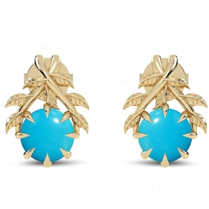 Natural Turquoise Gemstone Earrings For Women Vintage Leaf Design Earrings Round Cut Turquoise Stud Earrings Unique Statement Earrings