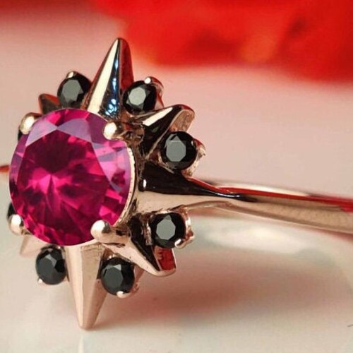 Ruby shops Engagement Ring Unique Art Deco Ruby Bridal Ring 14k Rose Gold Antique Snowflake Style Promise Ring Round Cut Vintage Ruby Wedding Ring