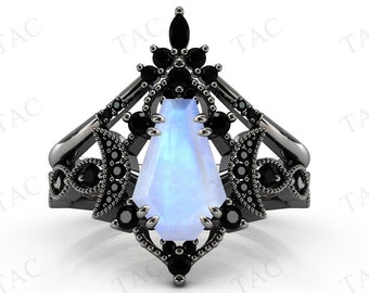 Moon Of My Life Moonstone Engagement Ring Set Art Deco 2 Piece Wedding Ring Set Antique Coffin Shaped Moonstone Bridal Ring Set For Women