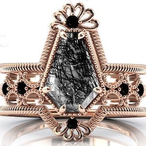 Black Rutile Engagement Ring Set Coffin Shaped Art Deco Bridal Promise Ring Set 925 Silver Black Rutilated Quartz Wedding Anniversary Rings