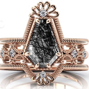 Black Rutilated Quartz Engagement Ring Set Antique 3 Piece Wedding Ring Set 925 Silver Coffin Shaped Rutile Quartz Bridal Ring Set For Women
