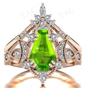 Moon Of My Life Peridot Engagement Ring Set Vintage Coffin Shaped Peridot 2 Pc Wedding Ring Set Antique Art Deco Bridal Anniversary Ring Set