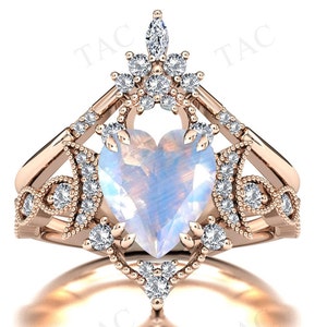 Moon Of My Life Moonstone Engagement Ring Set Art Deco Heart Shaped Moonstone Wedding Ring Set Antique Bridal Anniversary Ring Set For Women