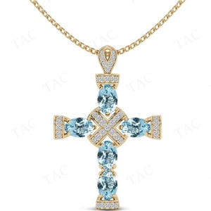 Unique Aquamarine Designer Cross Pendant For Women 14K Gold Aquamarine Statement Pendant Art Deco Cross Pendant Vintage Religious Pendant