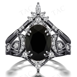 Moon Of My Life Black Onyx Engagement Ring Set Black Metal Gemstone Wedding Ring Set Oval Cut Black Onyx Bridal Promise Ring Set For Women