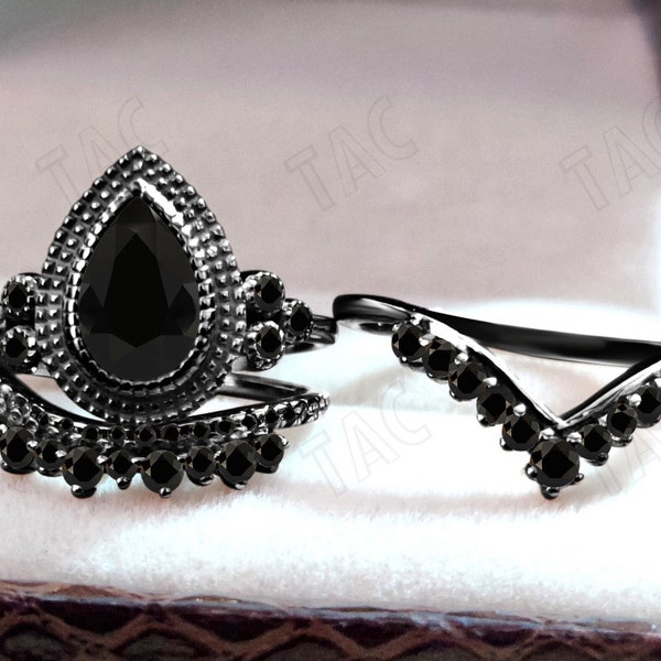 Vintage Black Onyx Engagement Ring Set For Women Art Deco Pear Cut Wedding Ring Set 925 Silver Antique Onyx Bridal Anniversary Promise Ring
