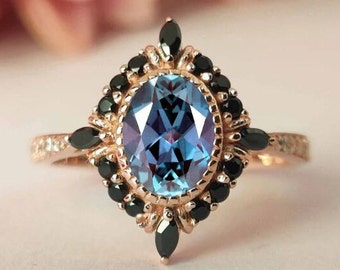Oval Cut Alexandrite Engagement Ring Unique Art Deco Wedding Ring Vintage Alexandrite Bridal Anniversary Ring Antique Promise Ring For Women