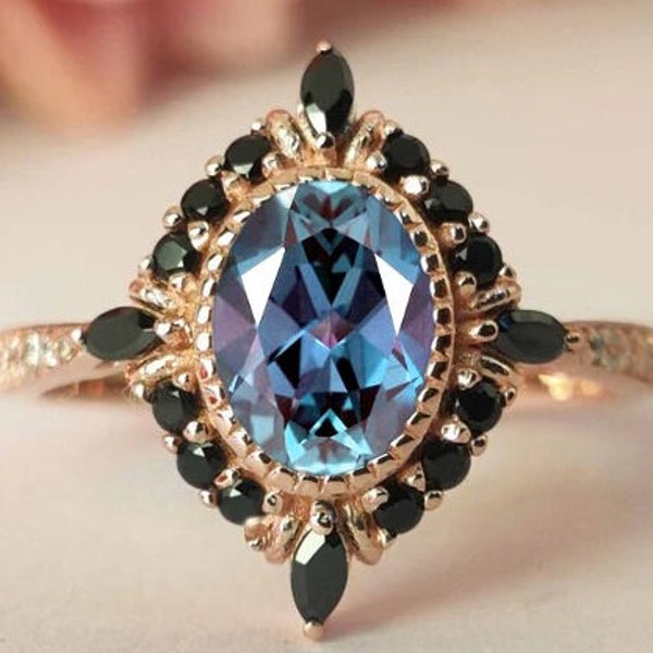 Oval Cut Alexandrite Engagement Ring Unique Art Deco Wedding Ring Vintage Alexandrite Bridal Anniversary Ring Antique Promise Ring For Women