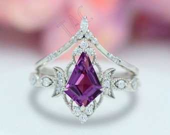 Antique Amethyst Engagement Ring Set Art Deco Kite Shaped Wedding Ring Set 925 Sterling Silver Unique Bridal Promise Ring Anniversary Gift