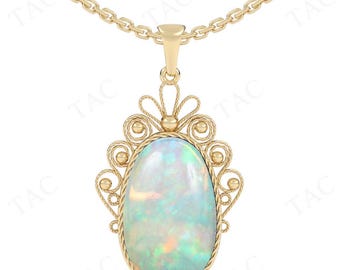 Natural Fire Opal Pendant For Women Art Deco Filigree Style Necklace 14K Rose Gold Opal Wedding Pendant Unique Statement Pendant For Wife