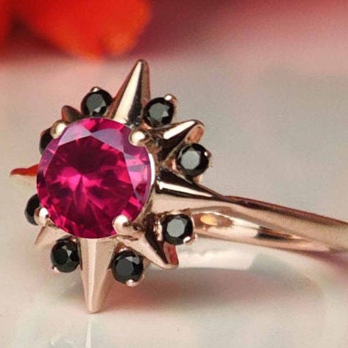 Ruby shops Engagement Ring Unique Art Deco Ruby Bridal Ring 14k Rose Gold Antique Snowflake Style Promise Ring Round Cut Vintage Ruby Wedding Ring