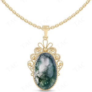 Vintage Filigree Design Moss Agate Pendant For Women 14K Gold Moss Agate Statement Pendant Art Deco Wedding Necklace Unique Anniversary Gift