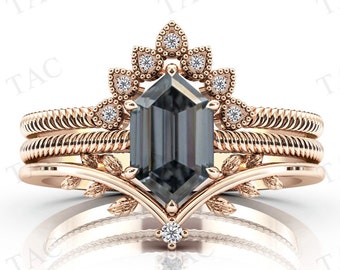 Hexagon Shaped Grey Spinel Engagement Ring Set 14k Gold Vintage Art Deco Leaf Style Bridal Promise Ring Set Grey Gemstone Wedding Ring Set