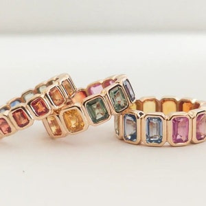 Multi Sapphire Band For Women Wedding Band Emerald Cut Engagement Band Bezel Set Eternity Band 14k Rose Gold Bridal Band Anniversary Gift