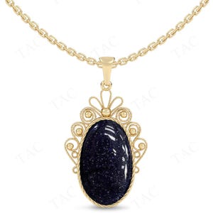Natural Blue Sandstone Pendant For Women Art Deco Filigree Wedding Necklace 14K Gold Blue Sandstone Pendant Unique Blue Gemstone Pendant