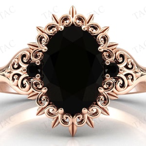 Natural Black Onyx Engagement Ring Art Deco Leaf Style Black Onyx Wedding Ring Unique Filigree Design Bridal Ring Antique Women Promise Ring