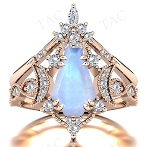 Moon Of My Life Moonstone Engagement Ring Set Antique Coffin Shaped Moonstone Wedding Ring Set Unique Art Deco 2Pc Bridal Ring Set For Women