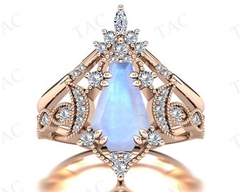 Moon Of My Life Moonstone Engagement Ring Set Antique Coffin Shaped Moonstone Wedding Ring Set Unique Art Deco 2Pc Bridal Ring Set For Women