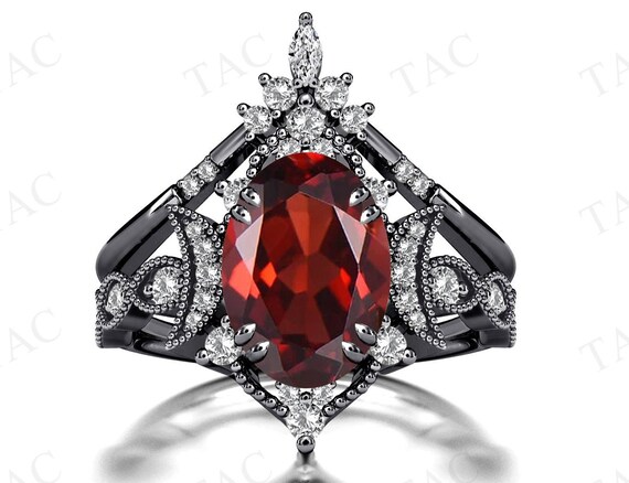 Moon of My Life Red Garnet Engagement Ring Set Antique Art Deco 2