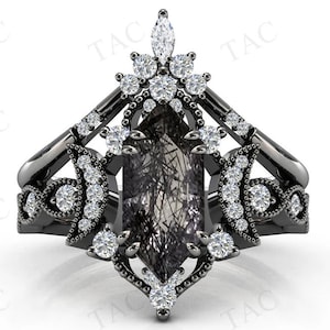 Moon Of My Life Black Rutilated Quartz Engagement Ring Set Antique Wedding Ring Set 925 Silver Hexagon Shaped Rutile Quartz Bridal Ring Set
