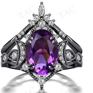 Moon Of My Life Ring Amethyst Engagement Ring Set Black Metal Amethyst 2 Piece Wedding Ring Set Unique Art Deco Bridal Anniversary Ring Set