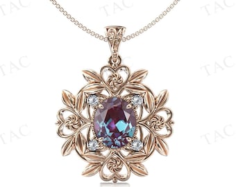 Vintage Art Deco Vine Leaf Pendant Antique Floral Style Wedding Necklace Oval Shaped Alexandrite Bridal Pendant For Women Statement Pendant