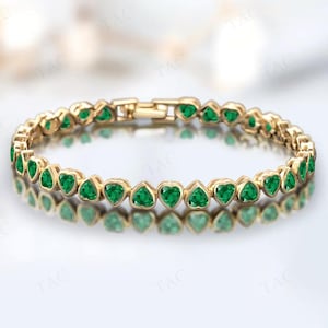 Unique Bezel Set Emerald Bracelet For Women 925 Sterling Silver Tennis Bracelet Heart Shaped Emerald Wedding Bracelet Vintage Style Bracelet