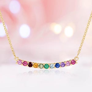 Rainbow Necklace For Women Curved Bar Necklace Multi Color Gemstone Necklace  14k Dainty Rainbow Statement Necklace Anniversary Gift For Her