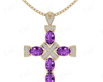 Art Deco Amethyst Cross Pendant For Women 14K Gold Amethyst Gemstone Pendant Unique Designer Cross Pendant Statement Pendant Gift For Women