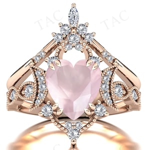 Moon Of My Life Rose Quartz Engagement Ring Set 925 Silver Heart Shape Rose Quartz Wedding Ring Set Art Deco 2 Pcs Bridal Ring Set For Women