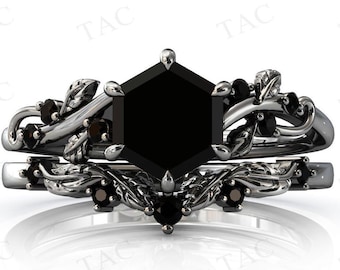 Antique Vine Leaf Design Black Onyx Engagement Ring Set Art Deco Vintage Black Onyx Wedding Ring Set Hexagon Cut Unique Anniversary Ring Set