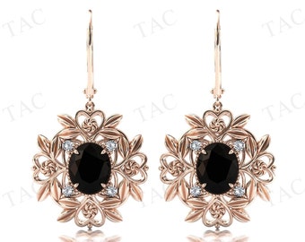 Oval Cut Black Onyx Earrings For Women Wedding Earring Art Deco Floral Leaf Style Bridal Earrings 925 Silver Black Onyx Engagement Earrings