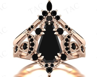 Moon Of My Life Coffin Shaped Black Onyx Engagement Ring Set Vintage Art Deco Wedding Ring Set Antique 2 Piece Bridal Anniversary Ring Set