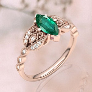 14k Gold Art Deco Emerald Engagement Ring*Women Emerald Wedding Ring*Lab Emerald Bridal Anniversary Ring*Antique Promise Ring For Women*