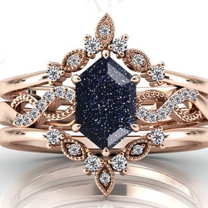 Hexagon Shaped Blue Sandstone Engagement Ring Set Galaxy Star Blue Sandstone Wedding Ring Set 14k Gold Vintage Leaf Bridal Promise Ring Set