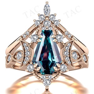 Moon Of My Life Alexandrite Engagement Ring Set Antique Art Deco Wedding Ring Set Coffin Shaped Alexandrite 2 Pcs Bridal Ring Set For Women