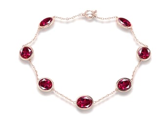 Minimalist Ruby Gemstone Bracelet For Women 14K Rose Gold Ruby Chain Bracelet Art Deco Bezel Set Statement Bracelet Unique Anniversary Gift