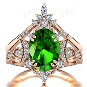 Moon Of My Life Oval Cut Green Tsavorite Garnet Engagement Ring Set 14k Gold Tsavorite Garnet Wedding Ring Set Antique 2 Pcs Bridal Ring Set