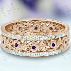 Vintage Filigree Wedding Band 14k Rose Gold Amethyst Band For Women Promise Band Antique Art Deco Bridal Band Filigree Wedding Diamond Band