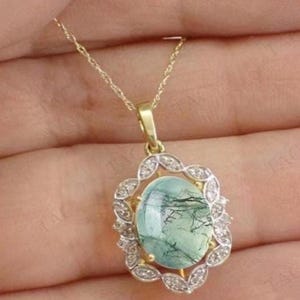 Art Deco Moss Agate Pendant For Women Oval Cut Moss Agate Antique Leaf Pendant 925 Silver Moss Agate Statement Pendant Anniversary Gift