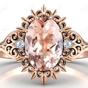 Art Deco Filigree Style Morganite Engagement Ring Unique Leaf Design Wedding Ring Antique Bridal Anniversary Ring Vintage Women Promise Ring