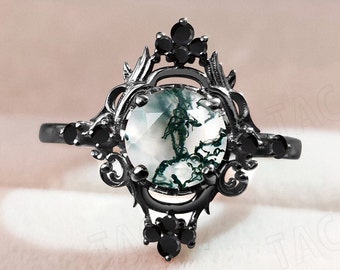 Vintage Moss Agate Engagement Ring 925 Silver Moss Agate Art Deco Wedding Ring For Women 14k Rose Gold Moss Agate Bridal Anniversary Ring