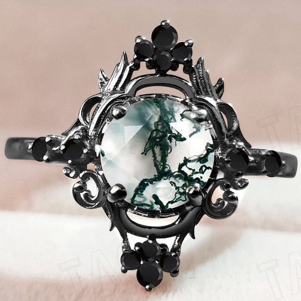 Vintage Moss Agate Engagement Ring 925 Silver Moss Agate Art Deco Wedding Ring For Women 14k Rose Gold Moss Agate Bridal Anniversary Ring